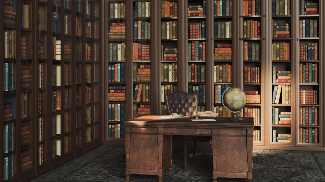 Traditional law office with leather chair, wooden desk, and shelves of legal books, representing Tallents Solicitors’ heritage and expertise