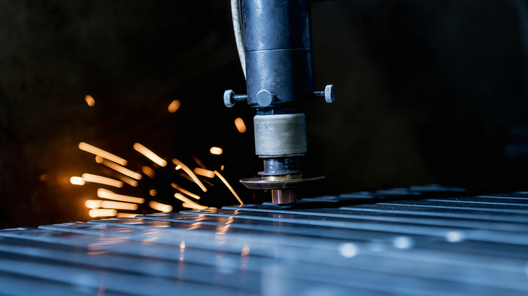 Precision cutting machine producing sparks during metal fabrication, showcasing Halco Europe’s industrial manufacturing expertise