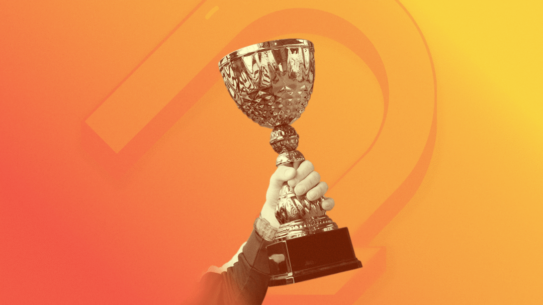 Hand lifting a trophy against a bold orange background, symbolising success and achievement with Repeat Digital