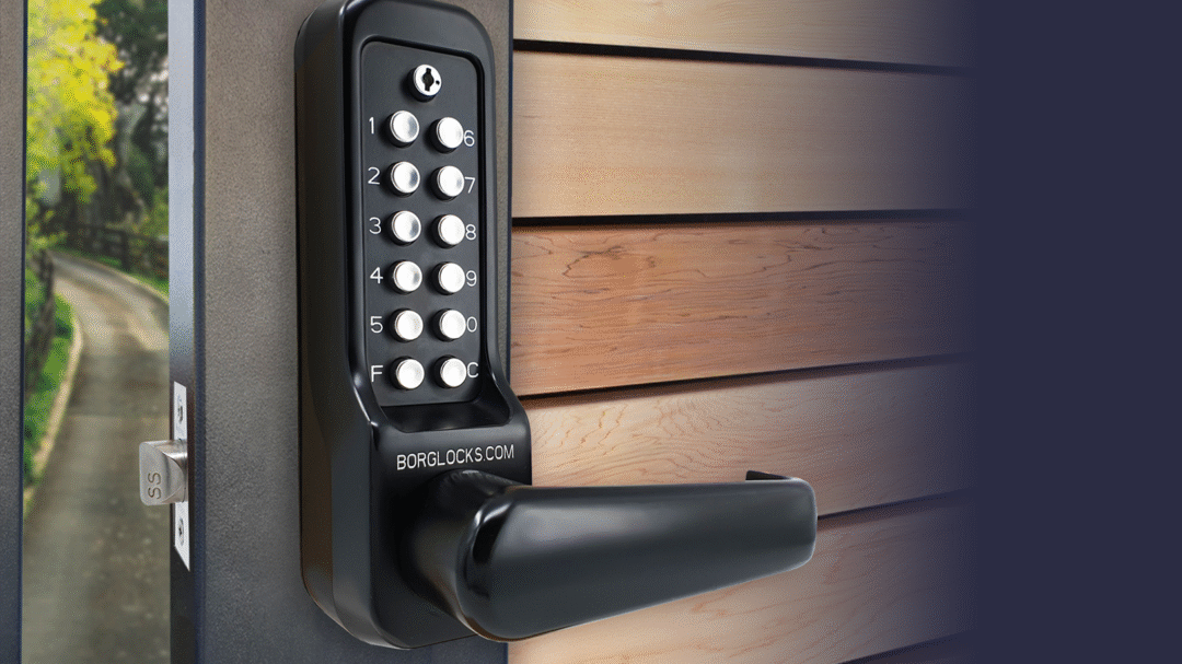 Black mechanical push-button lock on a wooden door, showcasing Borg Locks’ high-security keyless access solutions